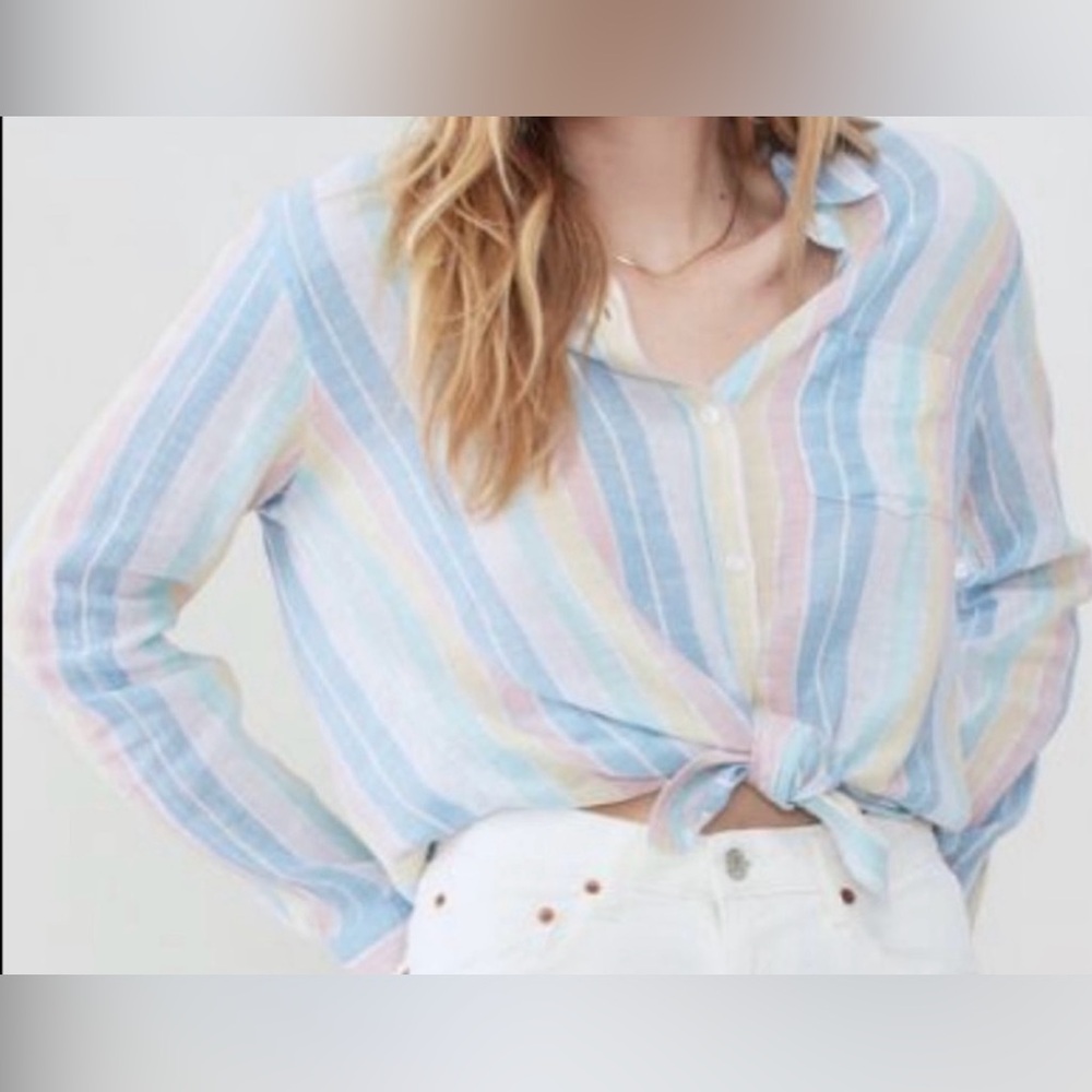 Rails Top Charli Mandalay Stripe Buttondown Shirt Pastel  Rainbow Linen Blend L
